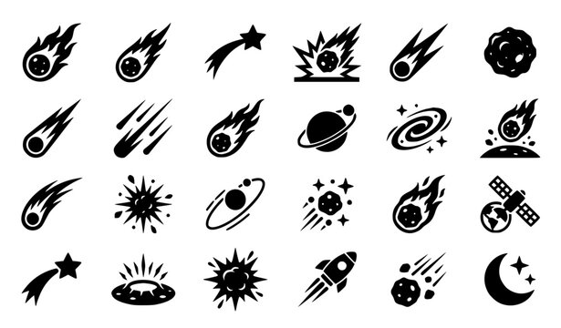 Comet, Meteor, and Space Motion Vector Icon Set Including Shooting Stars, Planets, Spirals, and Motion Trails for Astronomy, Science, and Stock Designs