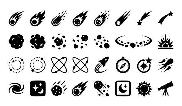 Comet, Meteor, and Space Motion Vector Icon Set Including Shooting Stars, Planets, Spirals, and Motion Trails for Astronomy, Science, and Stock Designs