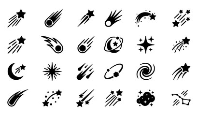 Comet and Shooting Star Vector Icon Set Including Stars, Moons, Meteor Trails, and Celestial Effects for Space, Astronomy, and Stock © GaziAbdur