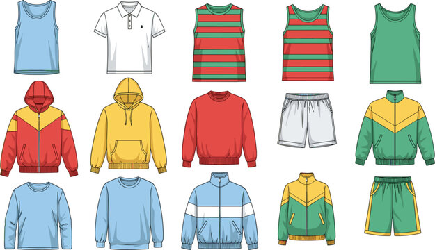 Casual sportswear apparel fashion flat sketches collection set hoodies jackets shorts tshirts clothing templates vector pack