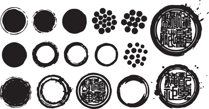 A collection of distressed circular stamp frames, organic ink textures, and spherical patterns presented in a bold, black-on-white graphic style.