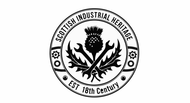 Emblem celebrating Scottish industrial heritage with thistle and tools