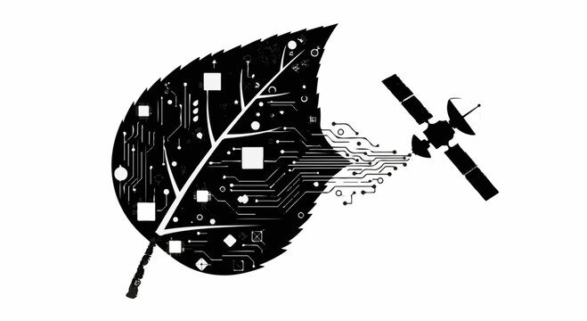 Satellite transmitting data to a leaf integrated with circuitry, symbolizing nature and technology fusion.