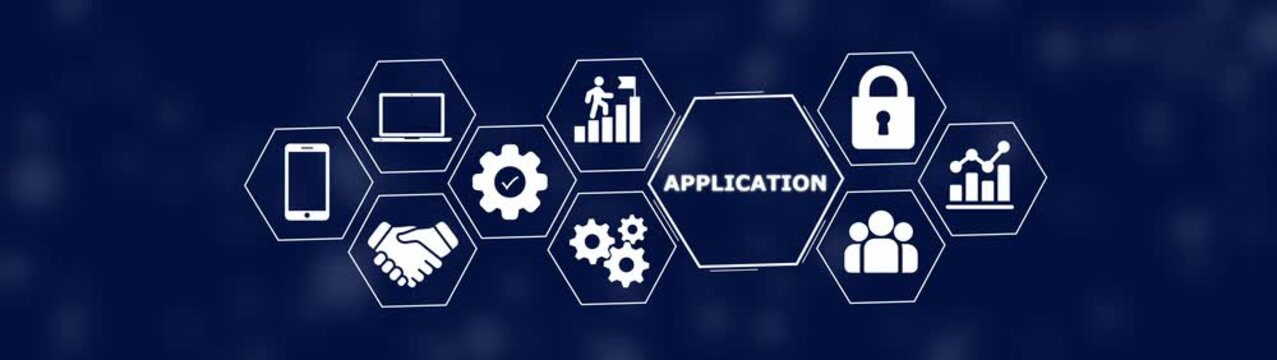 Application concept with white hexagonal on a dark blue background featuring a central hexagon labeled with the word application in capital letters