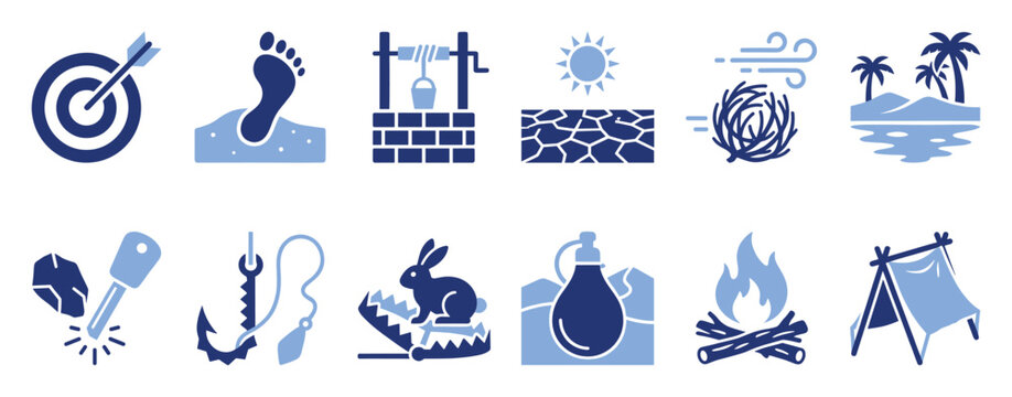 Set of wilderness survival and outdoor adventure tools and resources icons