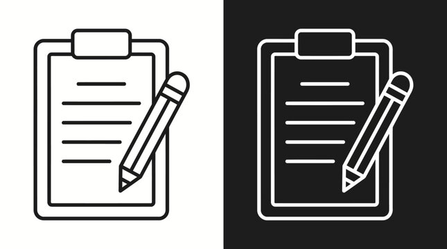 Clipboard with lines and pencil icon line art black and white backgroun