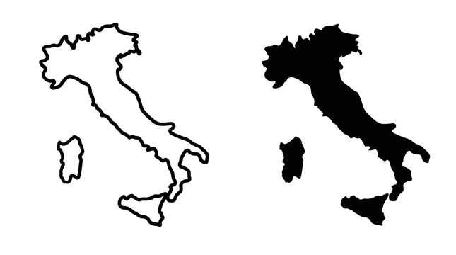Outline and solid map of italy icon with black and white dual tone location