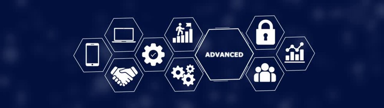 Advanced technology concept with white in hexagons on a dark blue background showing business growth and digital security symbols for strategy