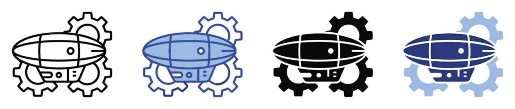 Set of blimp and gear icons for steampunk industrial technology and mechanical concepts