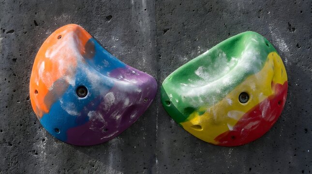 Two colorful climbing holds on a textured gray surface on transparent background