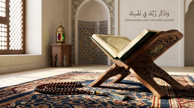 Open holy quran on wooden rehal with prayer beads on traditional rug, holy book