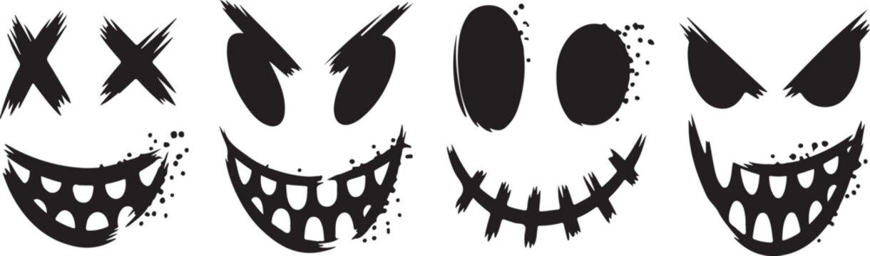 Cartoon scary faces with sharp teeth expressions