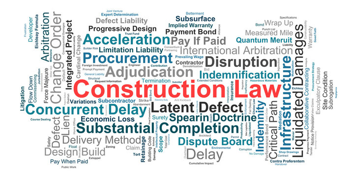 Construction Law Word Cloud. A visual summary of core terminology mapping procurement strategies delay claims structural defects project delivery mechanics liens and risk management.