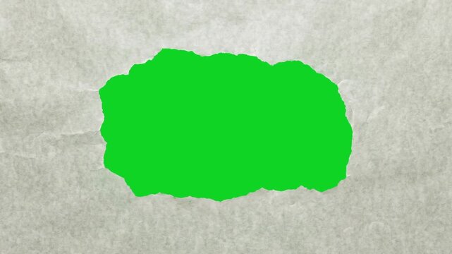 Textured parchment small torn hole break revealing animated on a green screen chroma key background. It gives a high quality professional template design element for video compositing motion
