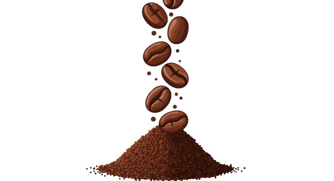 Vector illustration of whole dark roasted coffee beans falling vertically into a heap of ground coffee powder, isolated on white background for food and beverage industry concepts.
