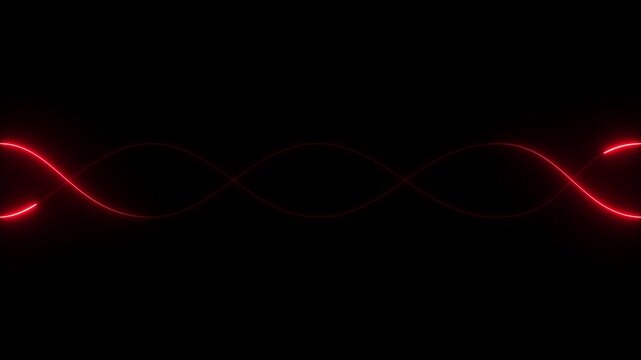 Abstract two neon curved lines pass in front of each other on black background. Moving and glowing neon lines animated.