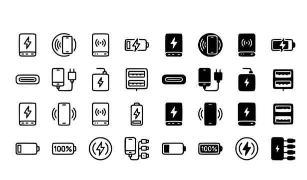 Wireless power bank line and solid glyph icon set vector illustration