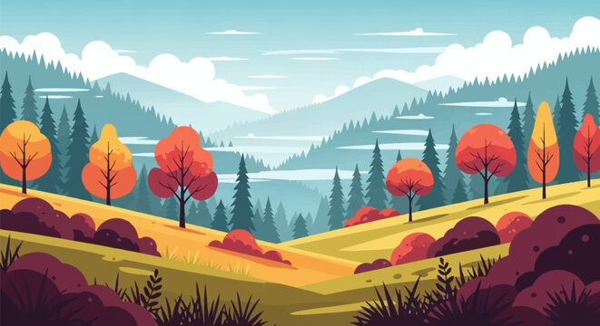 Flat vector illustration of a serene autumnal mountain landscape with rolling yellow hills, colorful deciduous trees in fall colors, misty valleys, and evergreen pine forests.