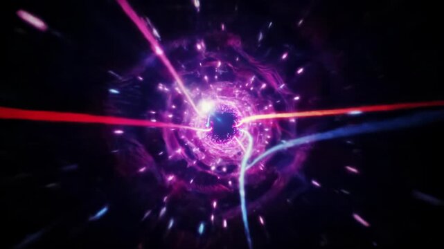 Exhilarating POV video plunging through high-speed hyperloop of vibrant neon pink, electric purple, azure, fiery red light streaks, black background, lens flares. Abstract tech concept
