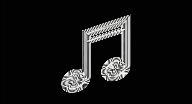A white double eighth music note symbol composed of thin spiral and parallel lines, centered on a solid black background, creating an optical illusion and modern geometric effect.