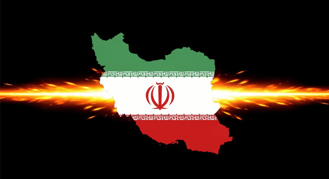 Map of Iran silhouette filled with the national flag colors and emblem centered on a black background with a horizontal orange light streak and glowing fire sparks effect.