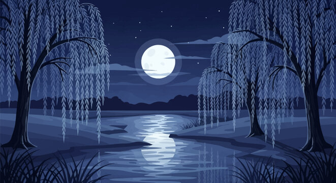 Night landscape vector illustration featuring weeping willow trees framing a river with a large full moon reflecting on the water surface under a dark starry sky with light clouds.