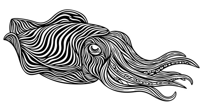 Black and white line art illustration of swimming squid