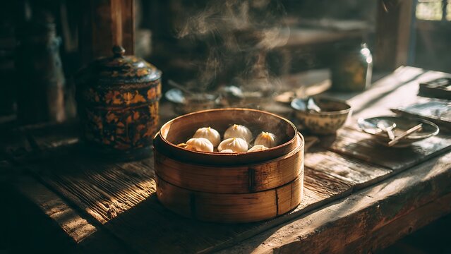 Steamed dumplings in bamboo steamer.
