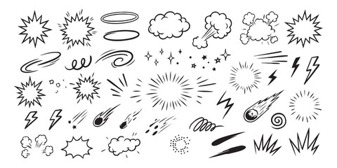 Set of hand drawn comic book action elements and cartoon explosion effects © md