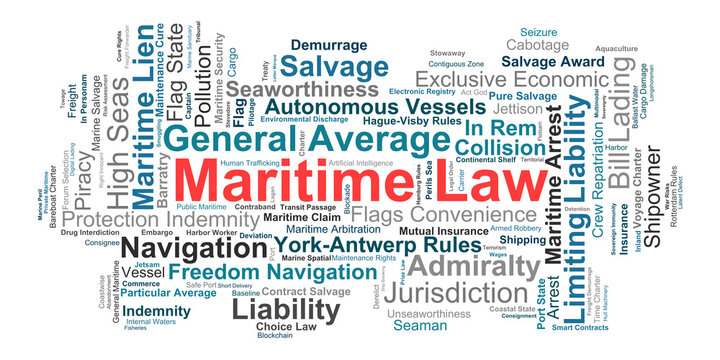 Maritime Law Word Cloud. A visual representation of fundamental legal topics covering international admiralty codes vessel liability marine salvage and high seas jurisdiction.