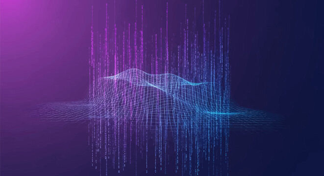 Futuristic digital data flow featuring vertical binary code streams and a glowing blue and purple wireframe terrain grid against a dark background for technology concepts.