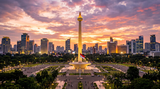 The National Monument of Indonesia Monas in Jakarta city at dramatic sunset with Indonesian flag waving