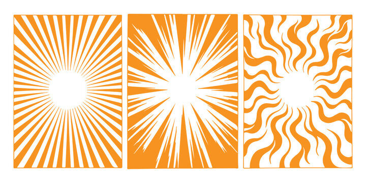 Set of three abstract orange and white comic book style sunburst and speed line background patterns
