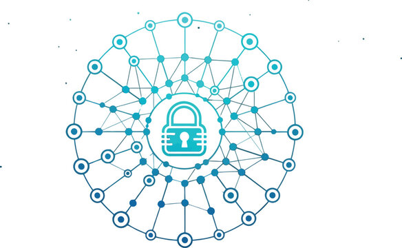 Glowing digital padlock icon centered within a complex abstract network of interconnected blue nodes representing modern data security and protection