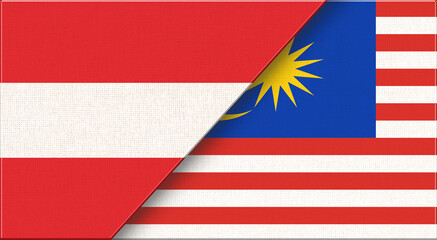Fototapeta premium Double flag of Austria and Malaysia on fabric. Flags of Austria and Malaysia