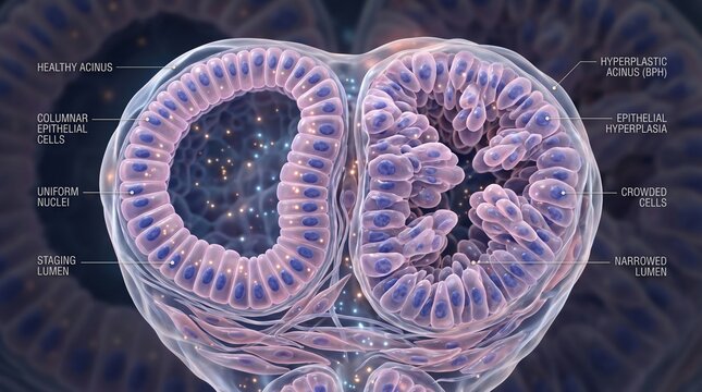 Microscopic view comparing healthy acinus and hyperplastic acinus BPH with labeled cellular structures