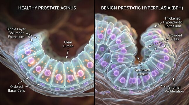 Comparison of healthy prostate acinus and benign prostatic hyperplasia with cellular and lumen details