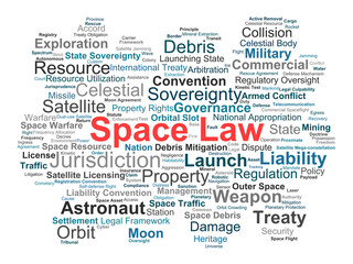 Obraz premium Space Law Word Cloud. Core terms on outer space treaties, orbital debris mitigation, satellite regulation, celestial resource rights, and global governance frameworks.