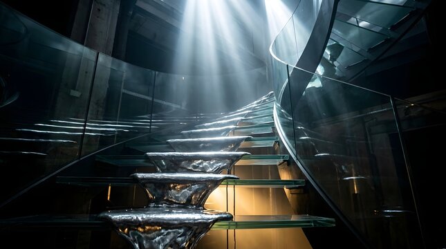 A sleek, modern staircase with glass railings and a dramatic light beam shining down on it, on transparent background