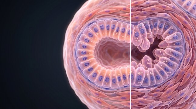 Microscopic view of a cross section of glandular tissue with visible nuclei and surrounding stromal cells