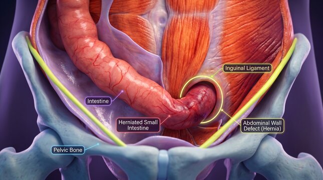 Anatomical illustration of a human inguinal hernia showing herniated small intestine and abdominal wall defect