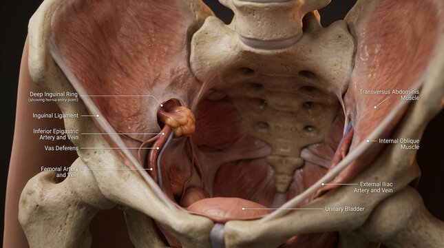 Detailed 3D anatomical illustration of the male pelvic region with labeled inguinal structures and organs