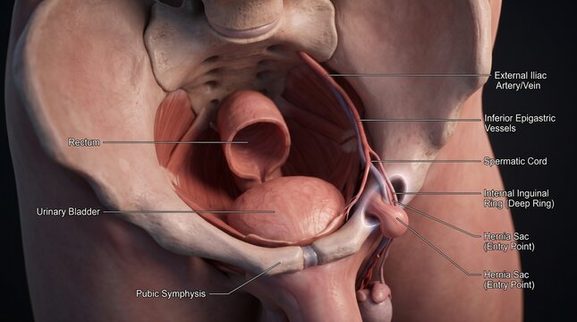 Anatomical illustration of male pelvic anatomy showing rectum urinary bladder spermatic cord and hernia