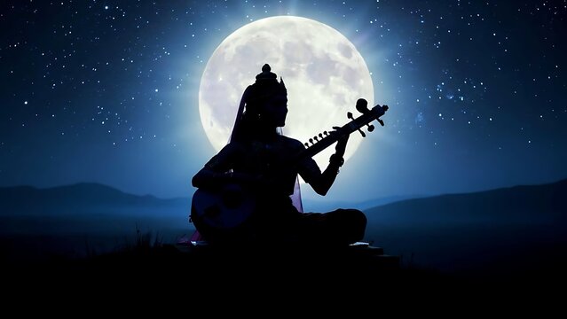 Shiva playing sitar under full moon.