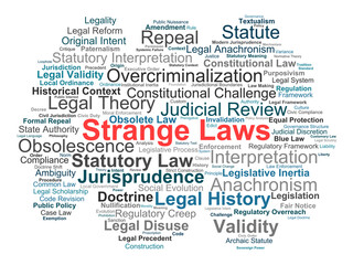 Obraz premium Strange Laws Word Cloud. Visual Overview of Obsolete Statutes, Legal History, Structural Inertia, and Constitutional Interpretation Frameworks for Jurisprudence Experts.