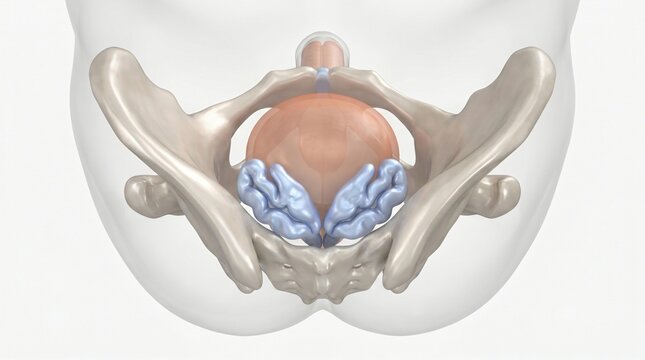 3D illustration of the female pelvic anatomy showing the uterus bladder and ovaries