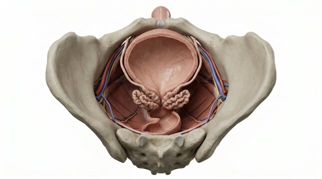 Detailed anatomical illustration of the male pelvis with bladder prostate seminal vesicles and blood vessels
