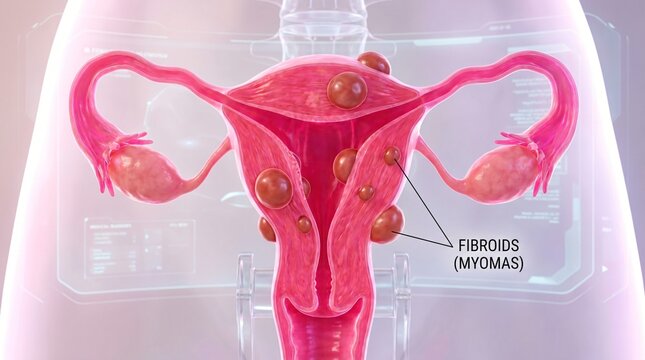 3D illustration of a uterus with multiple fibroids myomas and ovaries viewed on a digital interface