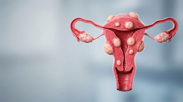 Anatomical illustration of a female reproductive system with uterine fibroids and ovarian cysts