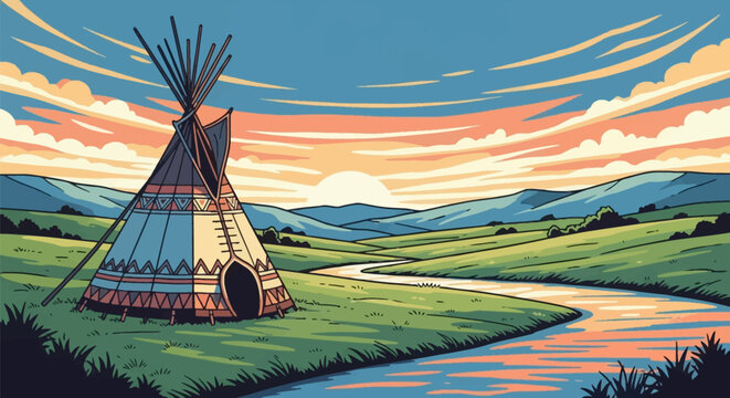 Vector illustration of a traditional Native American tipi with geometric patterns in a grassy field beside a winding river under a colorful sunrise and mountain landscape.